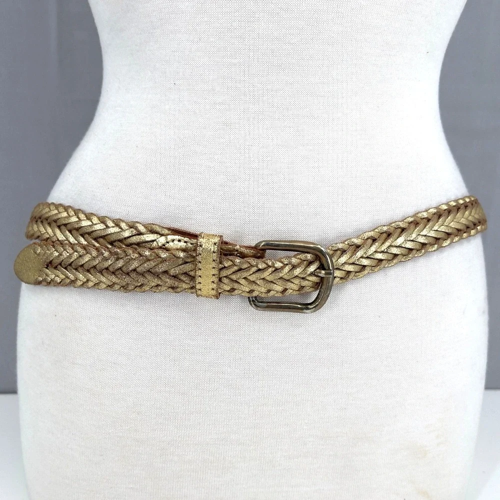 Capezio Womens L XL Braided Leather Belt Gold Metallic Argentina Vintage 80s